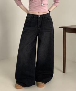 【丈別】ウォッシュワイドデニムコットンパンツ(6color) BLACK DENIM