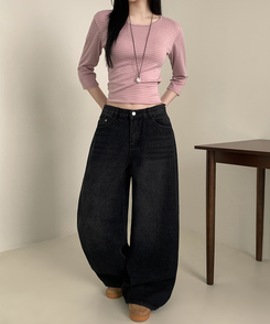 【丈別】ウォッシュワイドデニムコットンパンツ(6color) BLACK DENIM