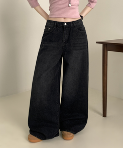 【丈別】ウォッシュワイドデニムコットンパンツ(6color) BLACK DENIM