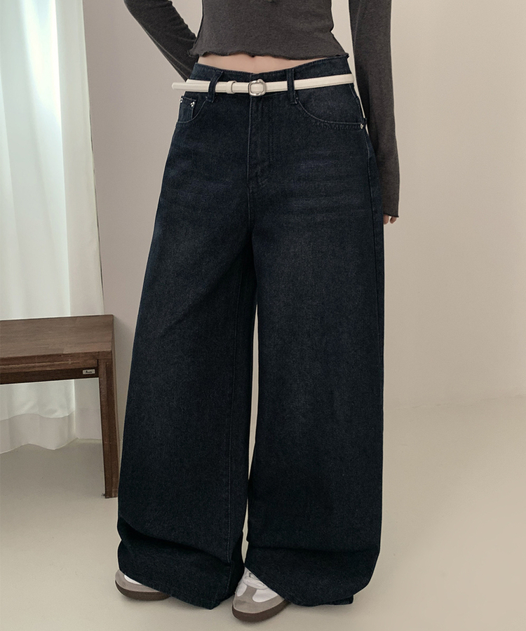 【丈別】ウォッシュワイドデニムコットンパンツ(6color) DEEP DENIM