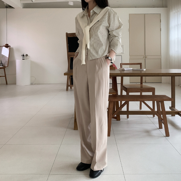 【丈別】ピンストライプワイドスラックス LIGHT BEIGE