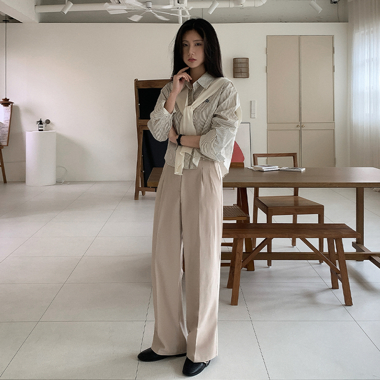 【丈別】ピンストライプワイドスラックス LIGHT BEIGE