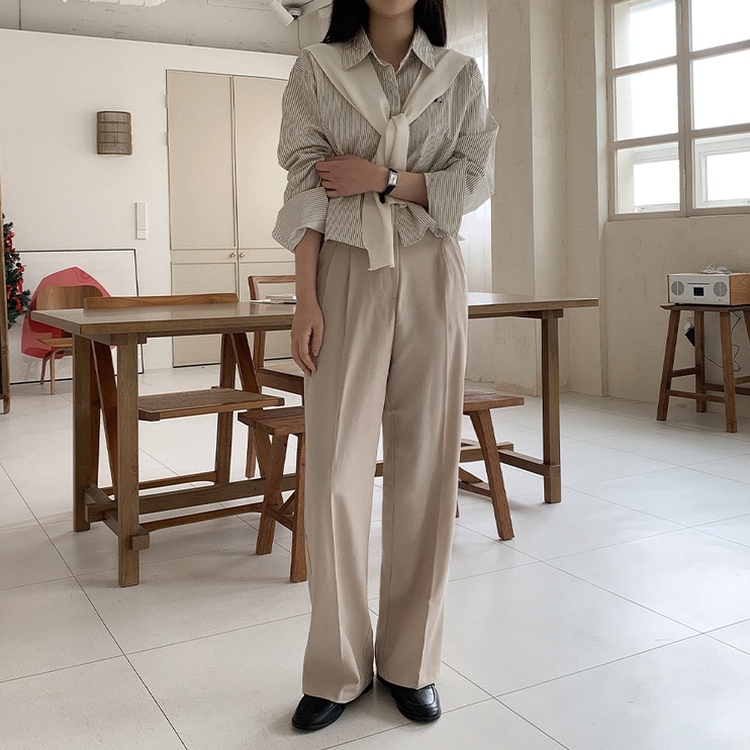 【丈別】ピンストライプワイドスラックス LIGHT BEIGE