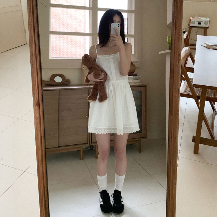 ピンタックレースストラップミニワンピース IVORY