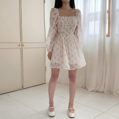 オフショルダーフラワーシースルーパフミニワンピース CREAM