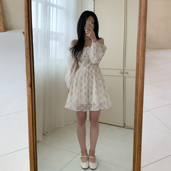 オフショルダーフラワーシースルーパフミニワンピース CREAM