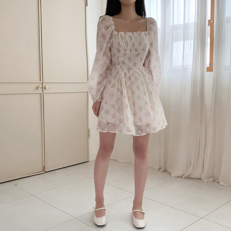 オフショルダーフラワーシースルーパフミニワンピース CREAM
