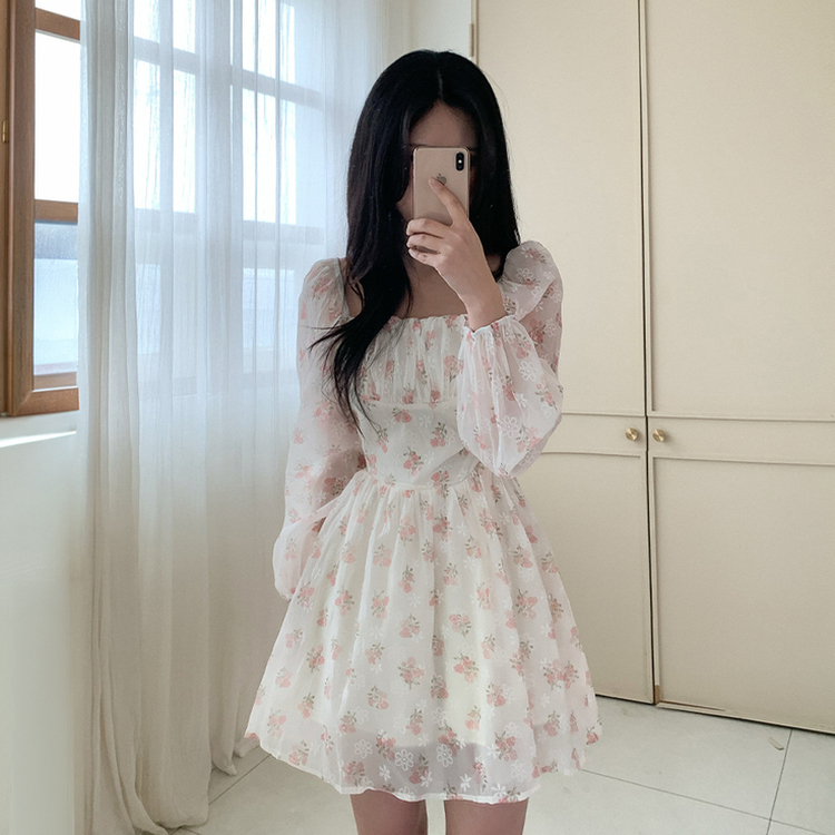 オフショルダーフラワーシースルーパフミニワンピース CREAM