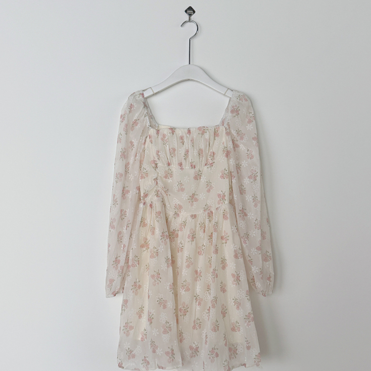 オフショルダーフラワーシースルーパフミニワンピース