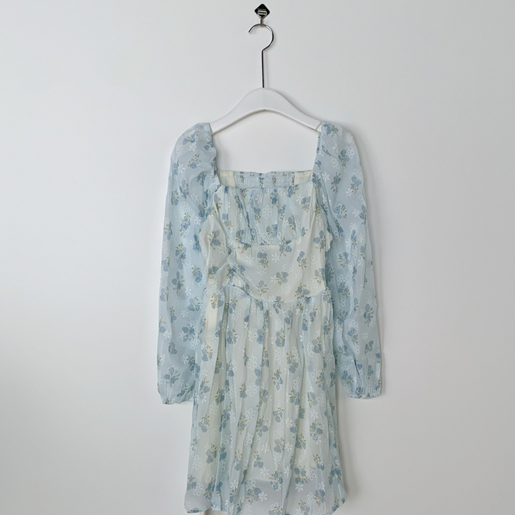 オフショルダーフラワーシースルーパフミニワンピース