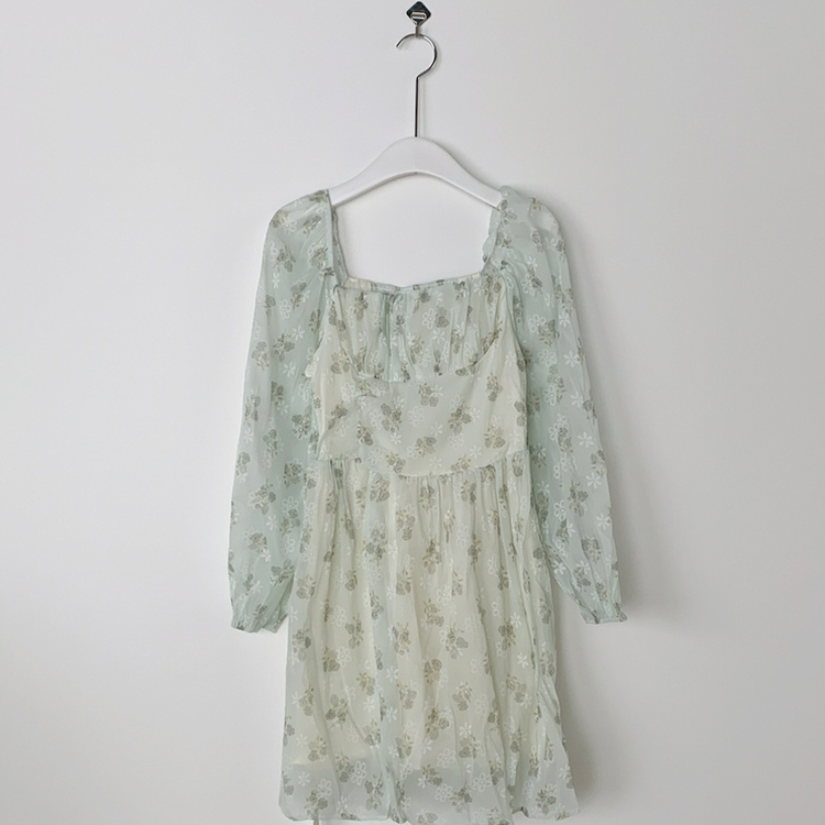 オフショルダーフラワーシースルーパフミニワンピース