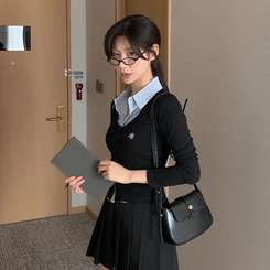 刺繍スリムレイヤードシャツニット BLACK