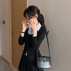 刺繍スリムレイヤードシャツニット BLACK