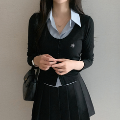 刺繍スリムレイヤードシャツニット BLACK