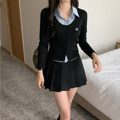 刺繍スリムレイヤードシャツニット BLACK