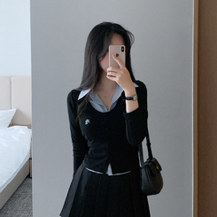 刺繍スリムレイヤードシャツニット BLACK