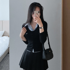 刺繍スリムレイヤードシャツニット BLACK