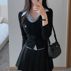 刺繍スリムレイヤードシャツニット BLACK