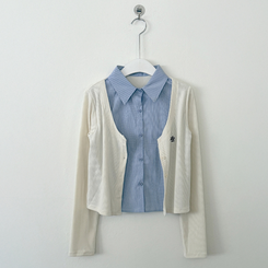 刺繍スリムレイヤードシャツニット