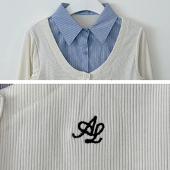 刺繍スリムレイヤードシャツニット