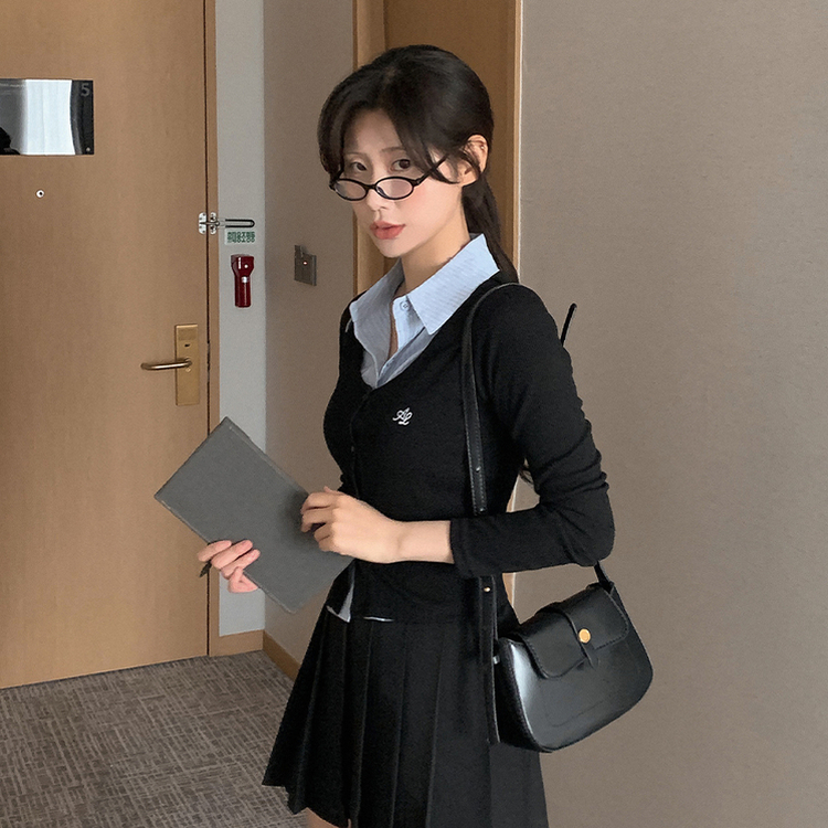 刺繍スリムレイヤードシャツニット BLACK