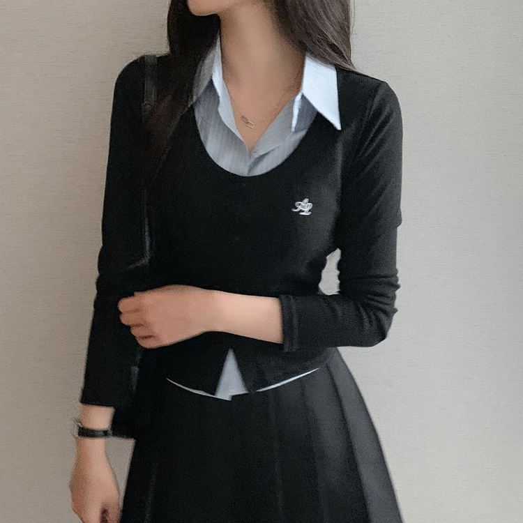 刺繍スリムレイヤードシャツニット BLACK