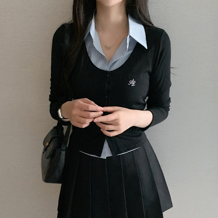 刺繍スリムレイヤードシャツニット BLACK