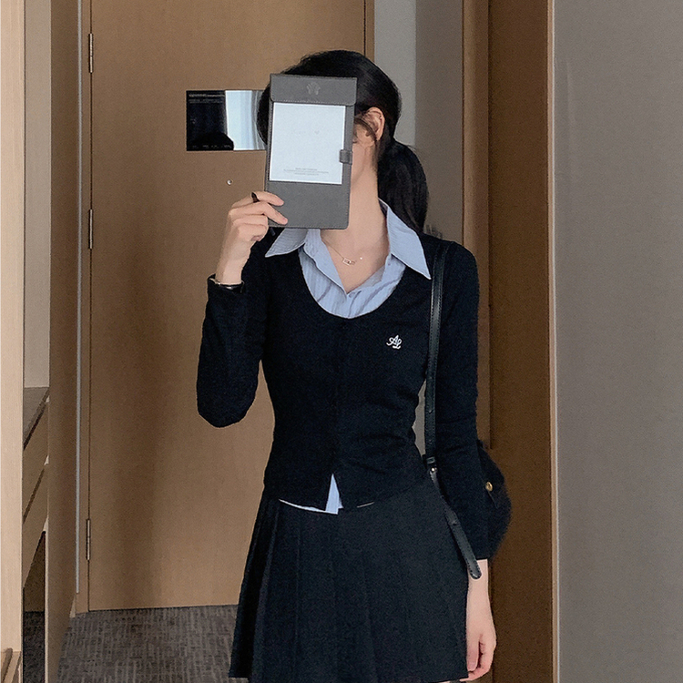 刺繍スリムレイヤードシャツニット BLACK