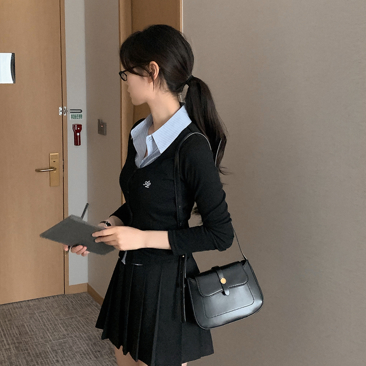 刺繍スリムレイヤードシャツニット BLACK