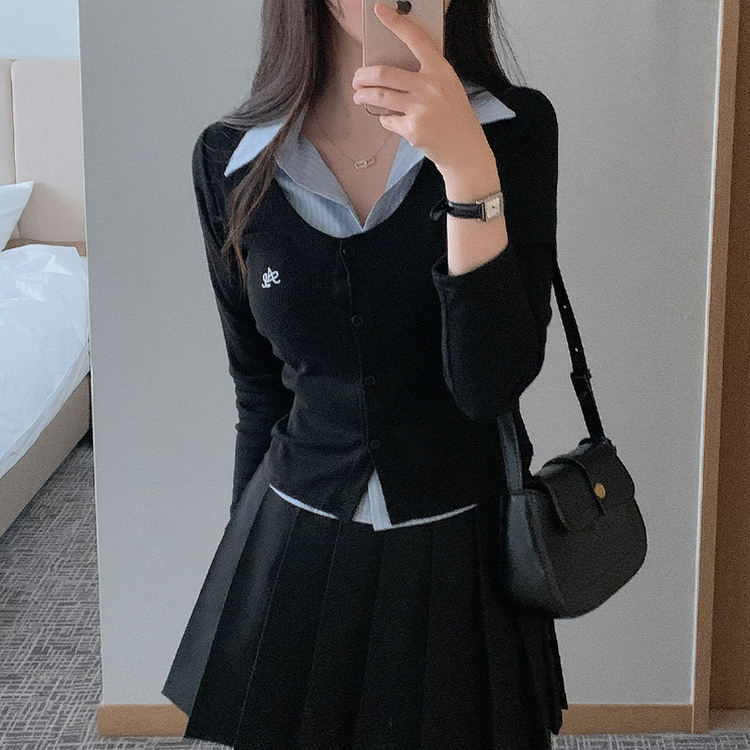 刺繍スリムレイヤードシャツニット BLACK