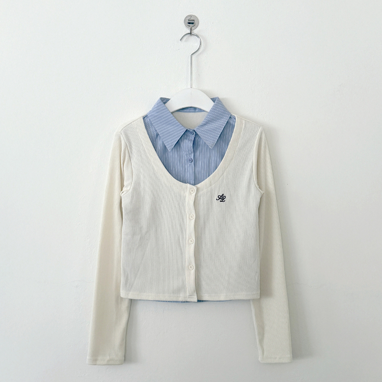 刺繍スリムレイヤードシャツニット