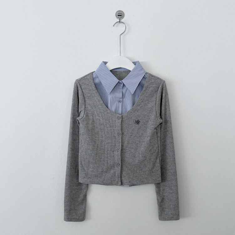 刺繍スリムレイヤードシャツニット