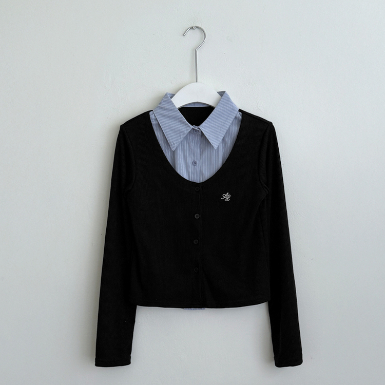 刺繍スリムレイヤードシャツニット