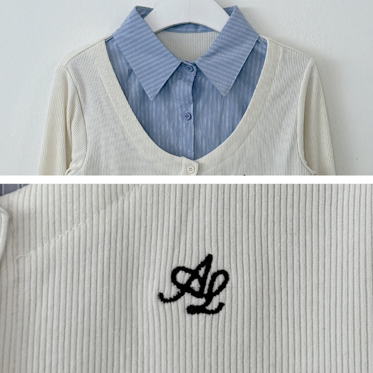 刺繍スリムレイヤードシャツニット