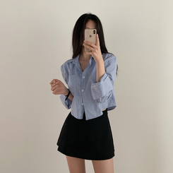 ストライプルーズクロップ刺繍シャツ SKYBLUE