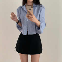 ストライプルーズクロップ刺繍シャツ SKYBLUE