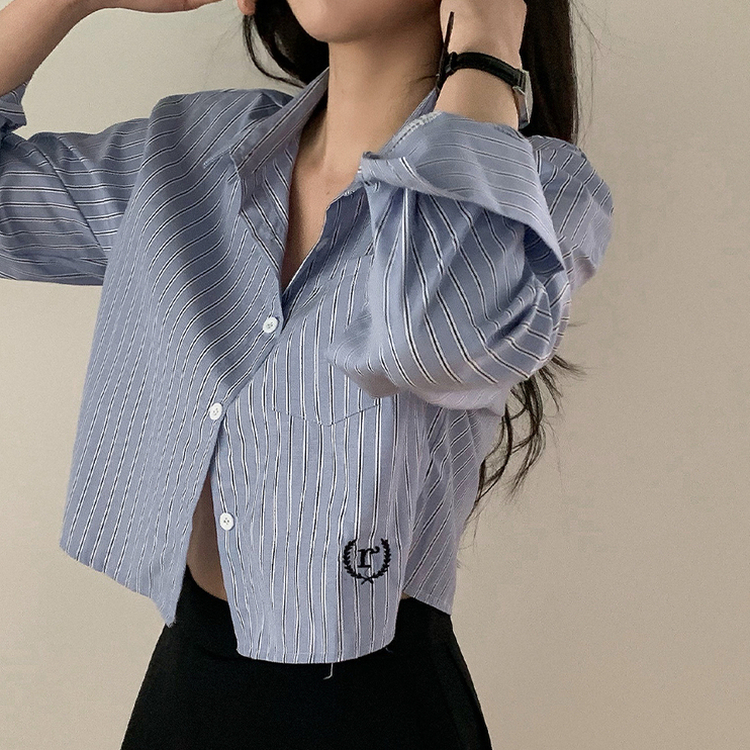 ストライプルーズクロップ刺繍シャツ SKYBLUE