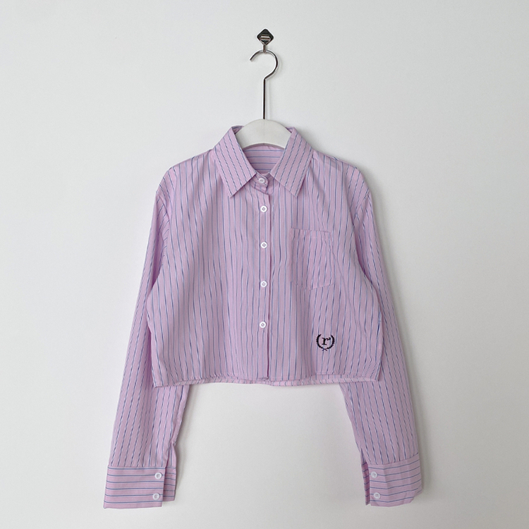 ストライプルーズクロップ刺繍シャツ