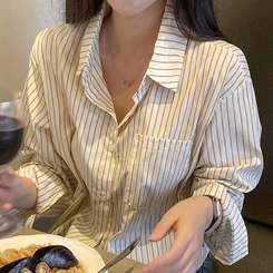 ストライプルーズクロップシャツ BEIGE