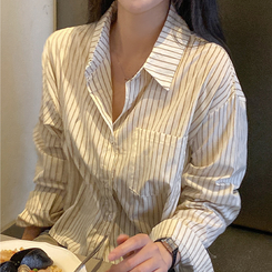 ストライプルーズクロップシャツ BEIGE