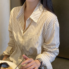 ストライプルーズクロップシャツ BEIGE