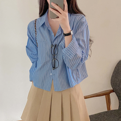 ストライプルーズクロップシャツ SKYBLUE