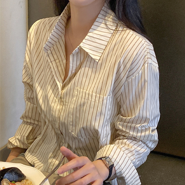 ストライプルーズクロップシャツ BEIGE