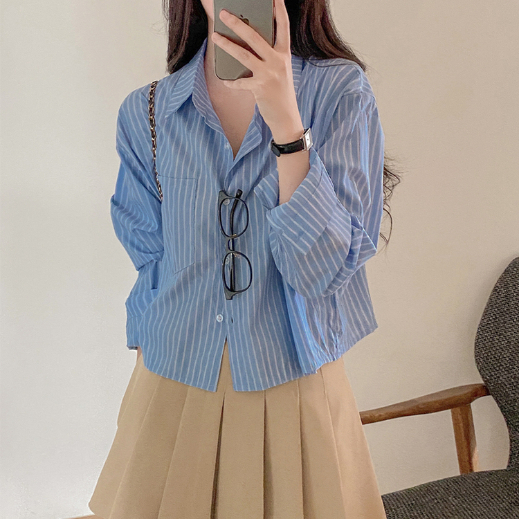 ストライプルーズクロップシャツ SKYBLUE