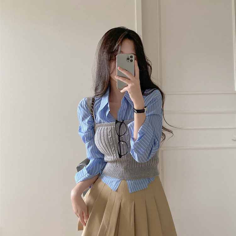 ストライプルーズクロップシャツ SKYBLUE