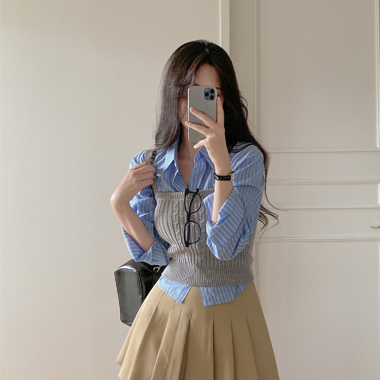 ストライプルーズクロップシャツ SKYBLUE