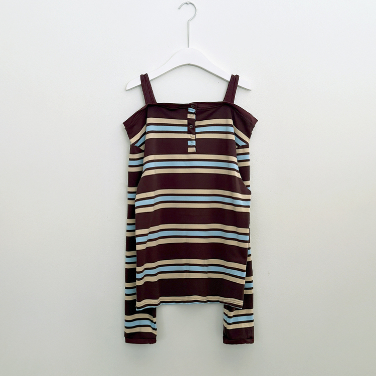 オフショルダーボーダーボタン長袖Tシャツ