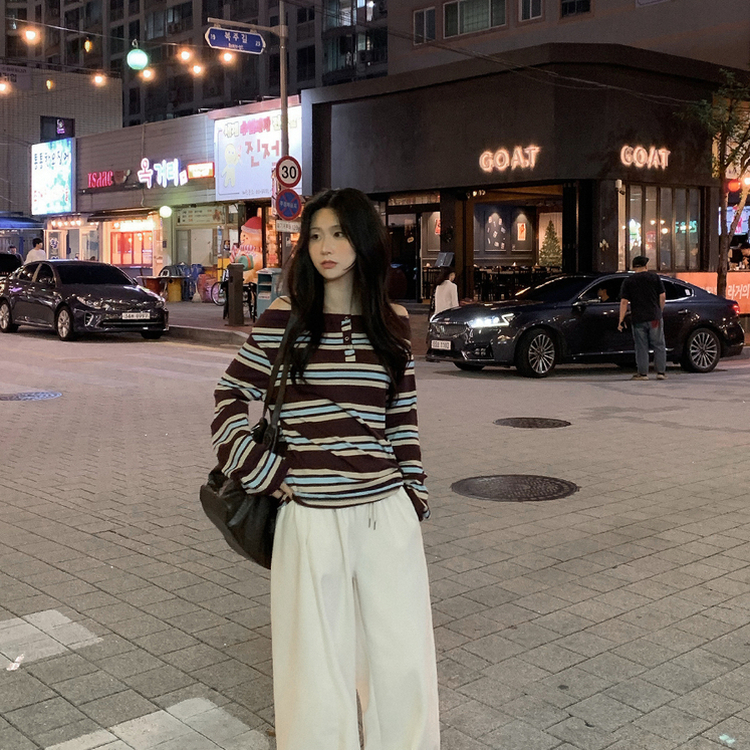 オフショルダーボーダーボタン長袖Tシャツ BROWN