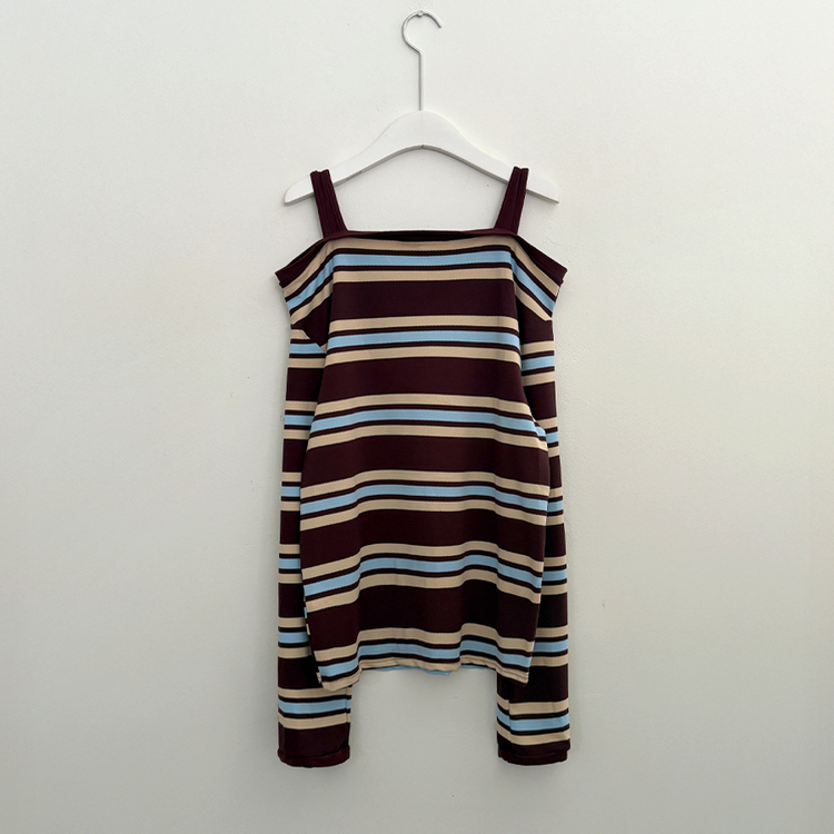 オフショルダーボーダーボタン長袖Tシャツ