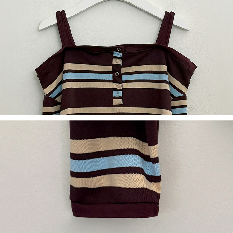 オフショルダーボーダーボタン長袖Tシャツ